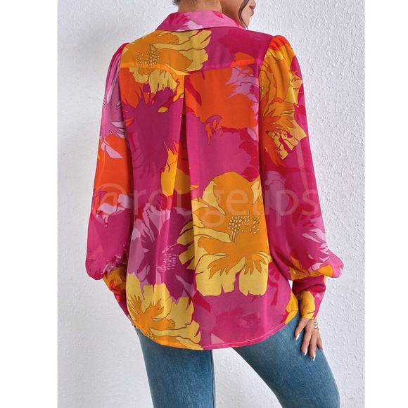 Floral Multicolor Button Down Puff Long Sleeve Sheer Shirt - Picture 4 of 7